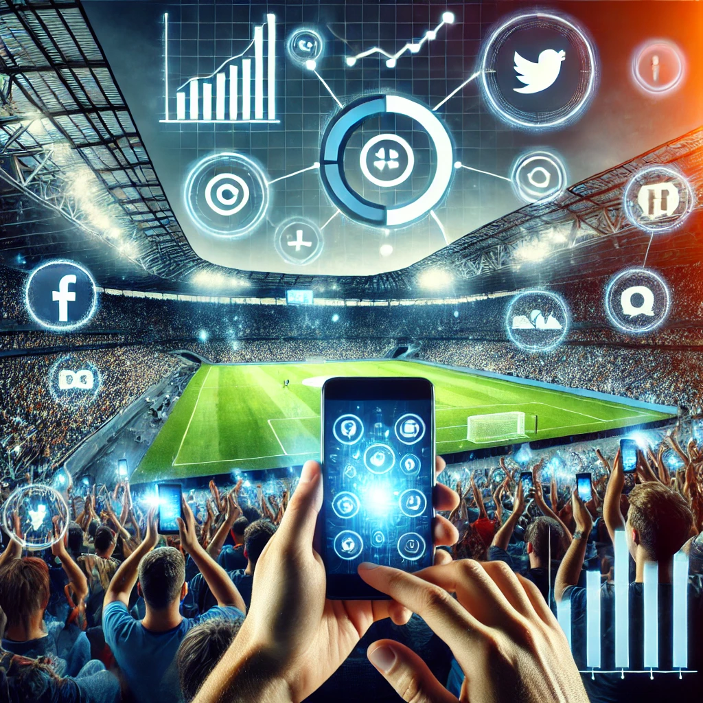 Sports Fan Engagement represented by social media logos, a football pitch and fans cheering.