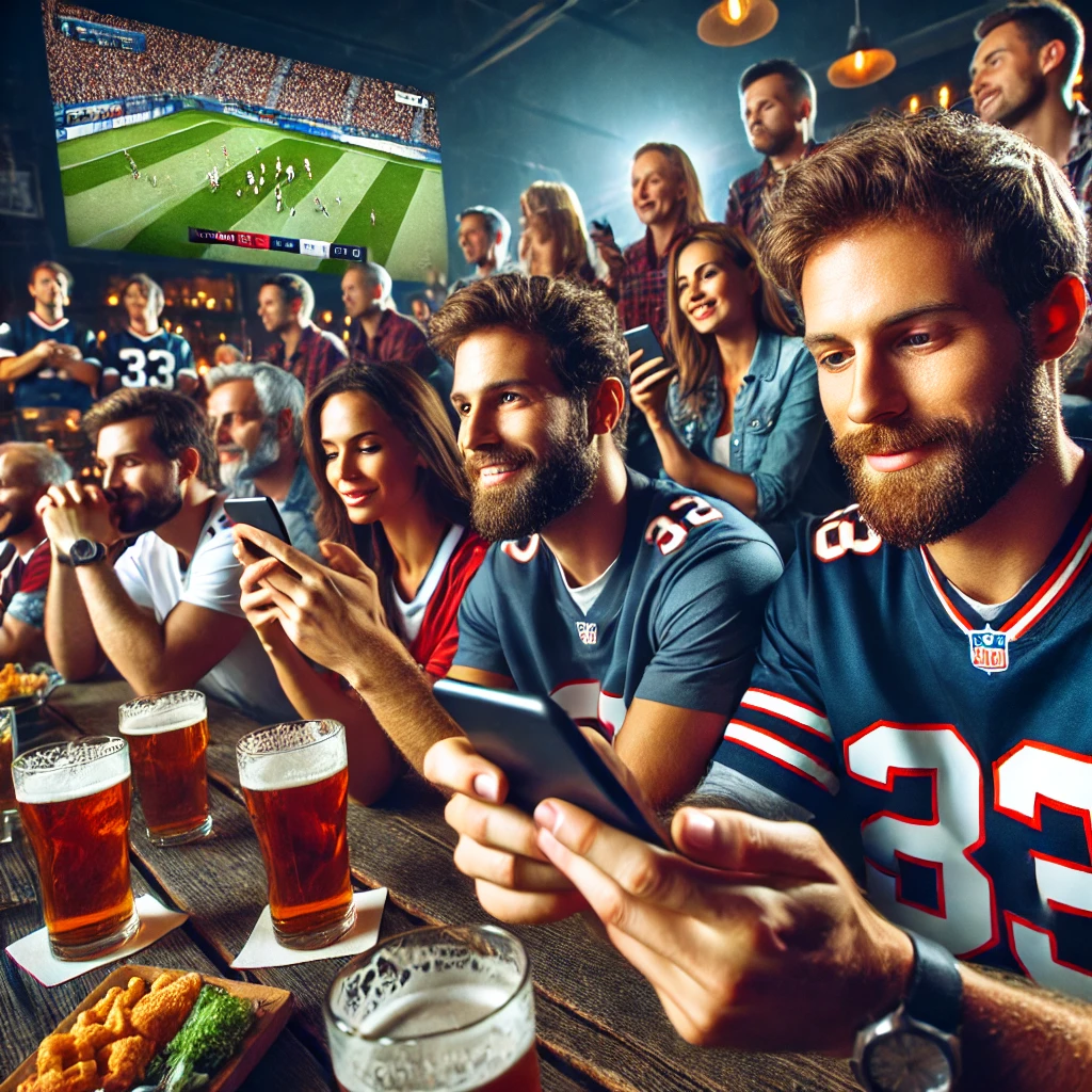 Fans reading a sports email marketing campaign in a bar in high definition color.