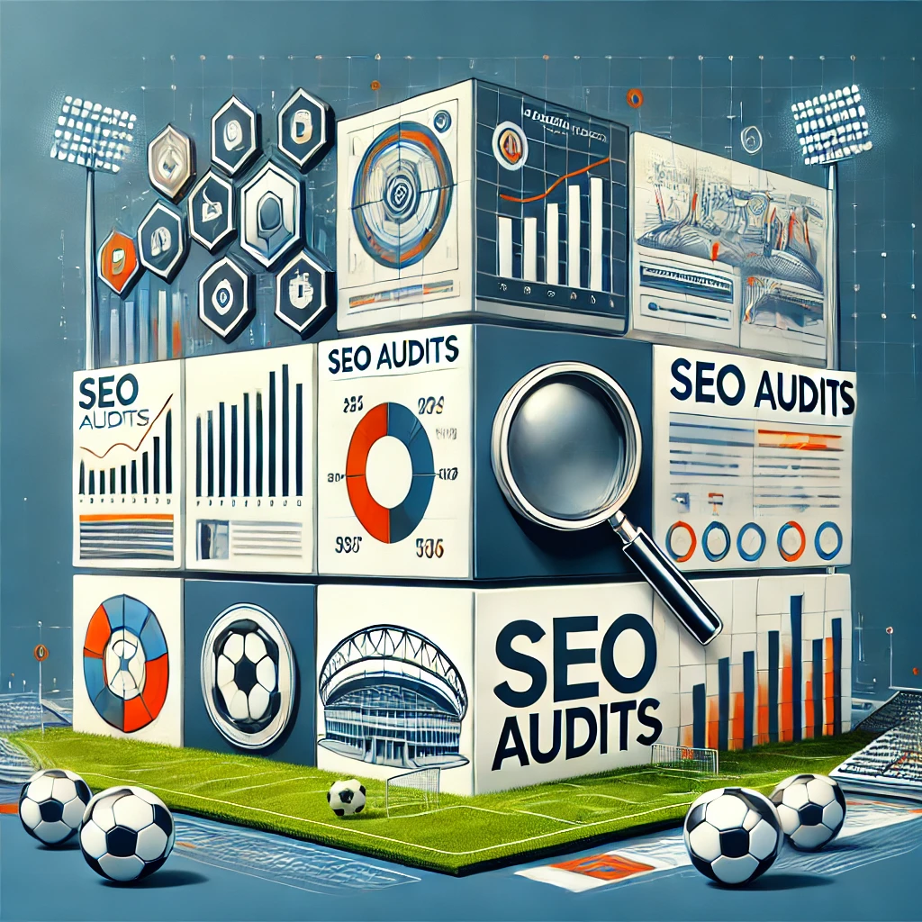 A magnifying glass exxamining blocks on a football pitch: Representing the SEO Audit services provides by Astute Sports Marketing.