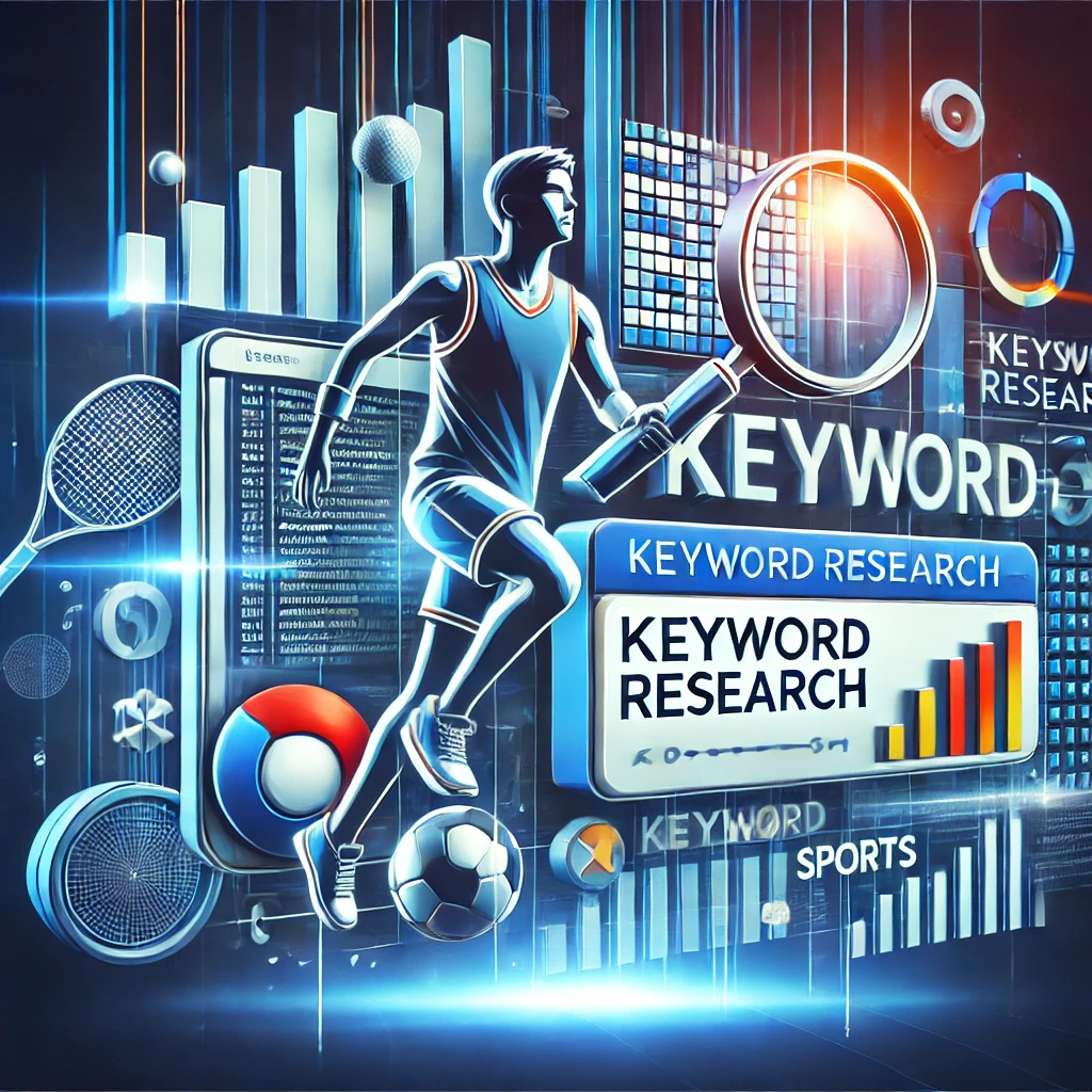 An athlete running with a magnifying glass conducting keyword research for sports businesses.