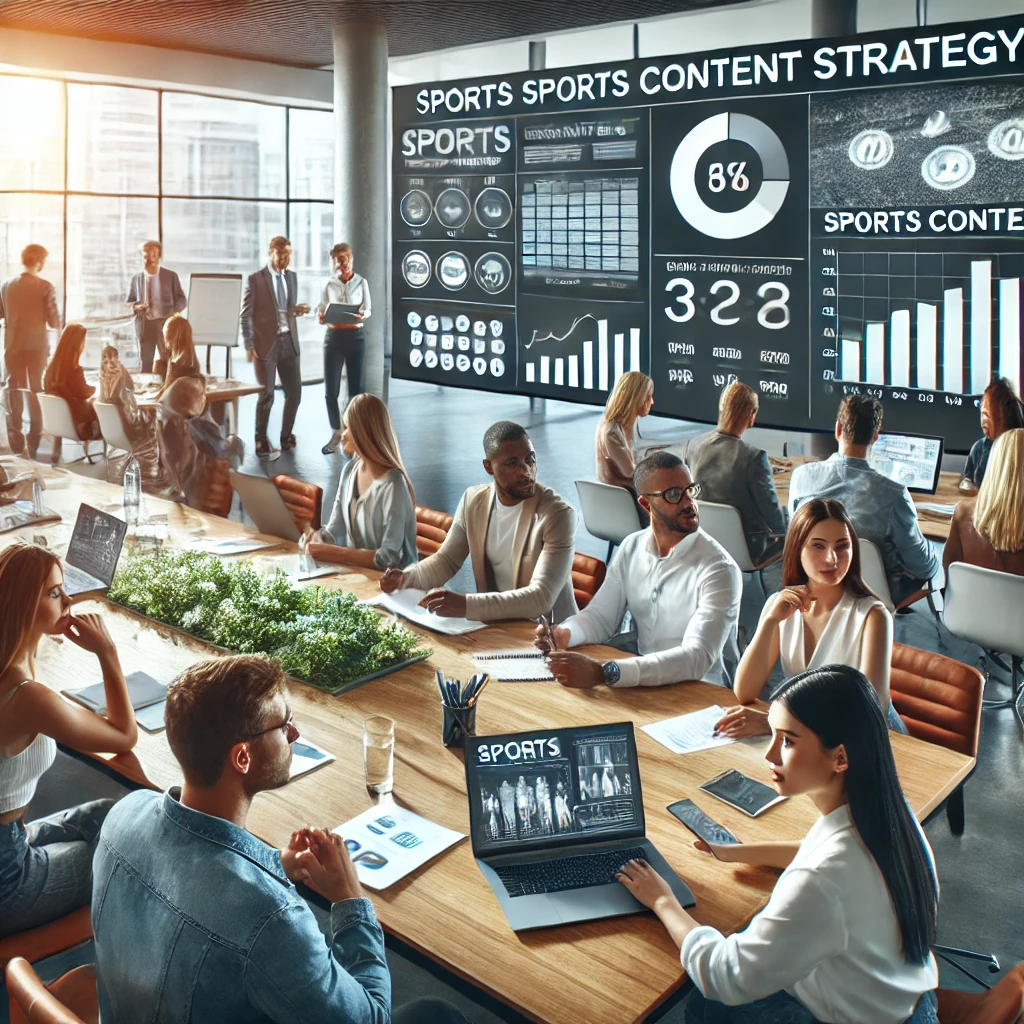 A diverse group of marketing professionals brainstorming in a modern office, engaged in developing a sports content strategy. The scene includes laptops, notepads, and a large screen displaying sports analytics and graphs, showcasing collaboration in an inclusive work environment.