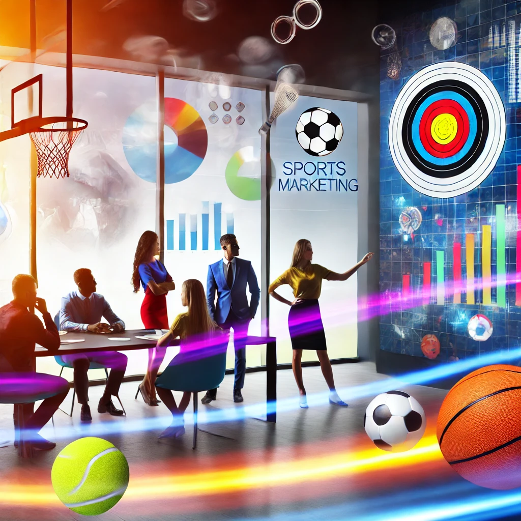 A group of sports marketers sit around a table trying to understand the science. The image includes tennis balls, a football, basketball and a target.